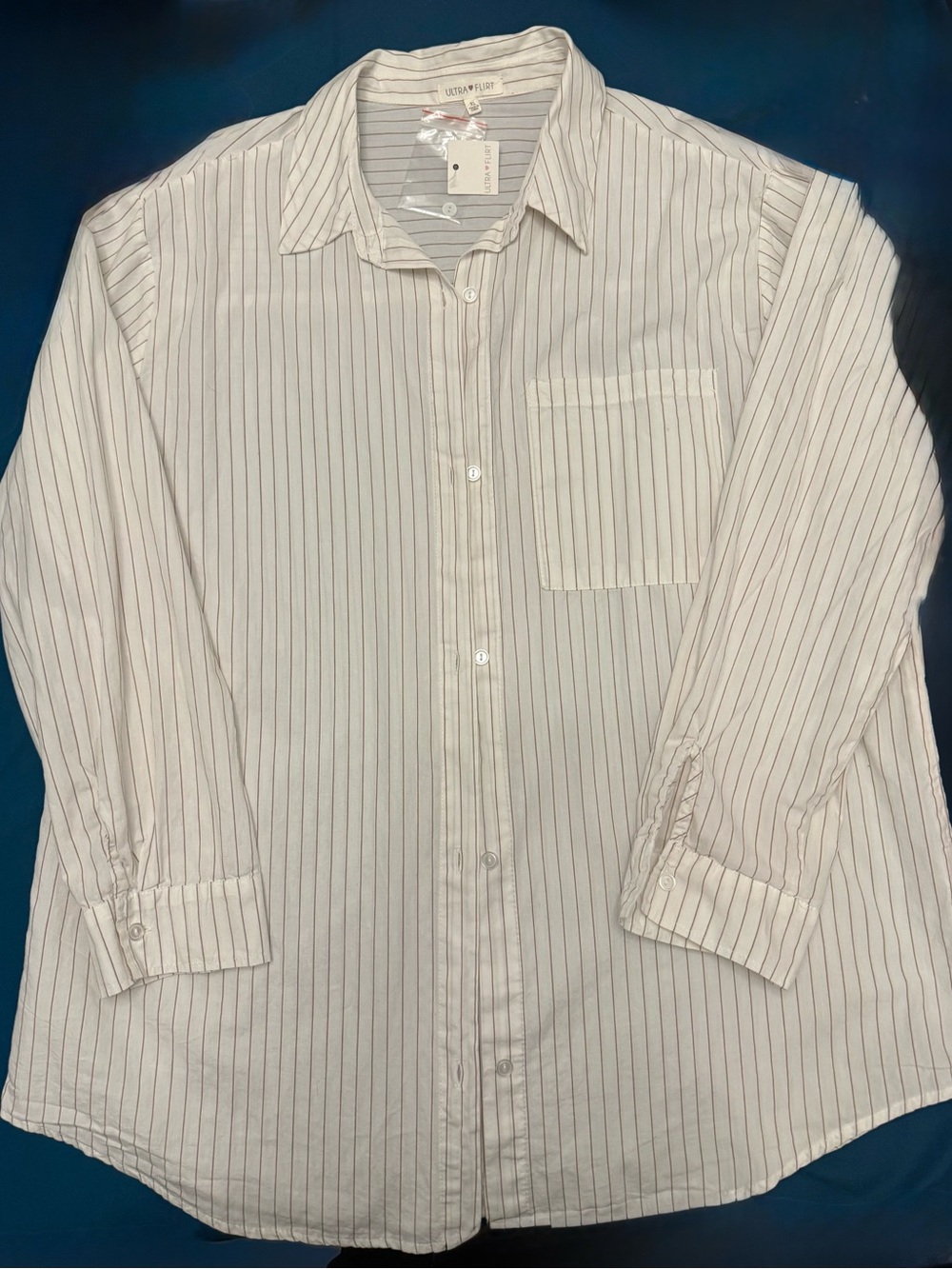 Ultra Flirt White Button-Down Shirt with Thin Gray Pinstripes